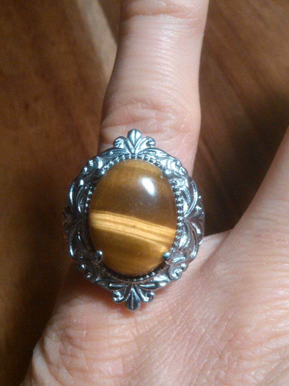 Tiger's Eye Stainless Steel Solitaire Ring (Size 6)